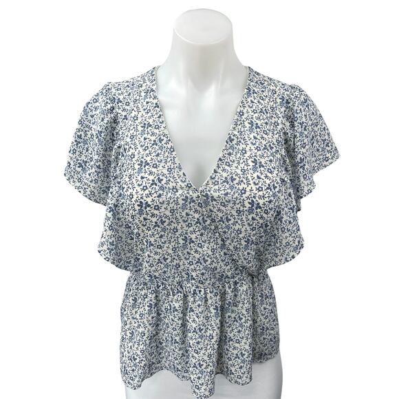 Madewell Georgette Blue Floral Ruffle Flutter Sleeve V-Neck Peplum Blouse Top S - Picture 1 of 4